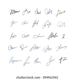 signature set. Isolated on white background. Fictitious autographs