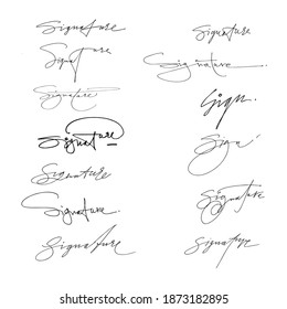 Signature set. Personal signature. Scribbles of signatures as elements of documents. Set of imaginary signature. Set of autographs. Black and white vector illustration