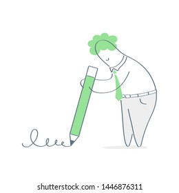 Signature, signing, cartoon character writing text with the help of big pencil. Agreement, signing, contracting online, contact us, filling form, follow. Flat linear vector illustration on white