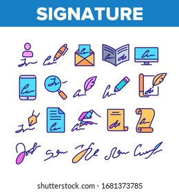 Signature Signing Collection Icons Set Vector. Human Own Signature On Partnership Agreement And Message, Writing Pen And Feather Concept Linear Pictograms. Color Illustrations