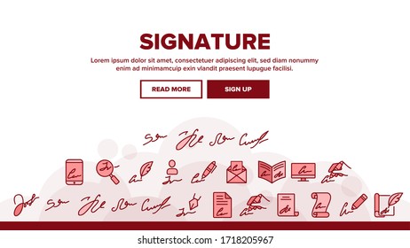 Signature Signing Landing Web Page Header Banner Template Vector. Human Own Signature On Partnership Agreement And Message, Writing Pen And Feather Illustrations