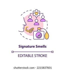 Signature smells concept icon. Ambient scent marketing type abstract idea thin line illustration. Easy recognizable aroma. Isolated outline drawing. Editable stroke. Arial, Myriad Pro-Bold fonts used