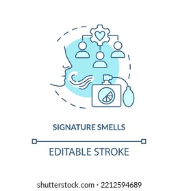 Signature smells turquoise concept icon. Ambient scent marketing abstract idea thin line illustration. Recognizable aroma. Isolated outline drawing. Editable stroke. Arial, Myriad Pro-Bold fonts used