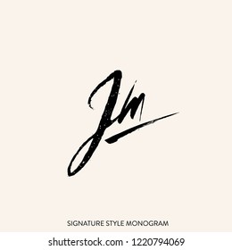 Signature style monogram with letter J and letter M.Typographic textured icon.Initial lettering isolated on light background.