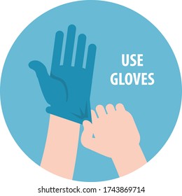 Signature Use gloves. Individual protection means. One hand puts pepper on the other hand to prevent viruses, coronavirus. Health, cleanliness and body care. Vector illustration. Flat infographic