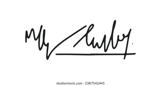 Signature Vector. hand drawn Autograph. Written black signature isolated on white background. Handwritten autograph. Handwriting Signature by pen. Writing sign sketch. Scrawl signature illustration.