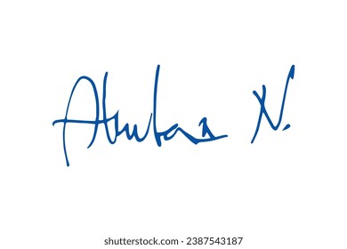 Signature Vector. hand drawn Autograph. Written blue signature isolated on white background. Handwritten autograph. Handwriting Signature by pen. Writing sign sketch. Scrawl signature illustration.