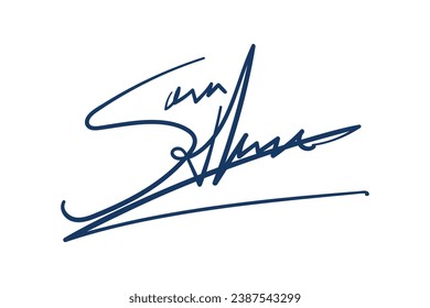 Signature Vector. hand drawn Autograph. Written blue signature isolated on white background. Handwritten autograph. Handwriting Signature by pen. Writing sign sketch. Scrawl signature illustration.