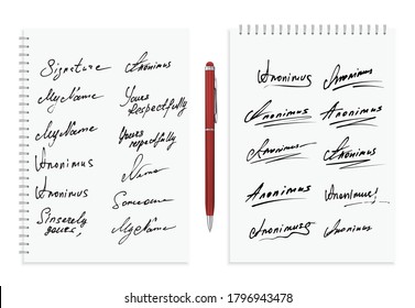 Signature Vector Icon Collection. Fictitious signatures on notebook or sketchbook ISO 216 A4 standart with red pen. Realistic vector illustration