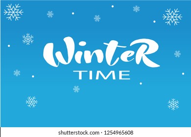  Signature "Winter time" with handdrawn snowflakes.   Vector illustration on the blue background as poster, card, postcard, invitation template. 