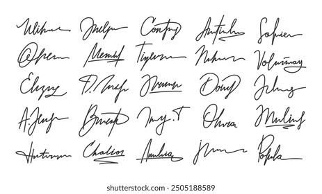 Signatures. Handwriting signature for e-documents and agreements. Calligraphy style autograph, imaginary personal hand written names, racy vector clipart