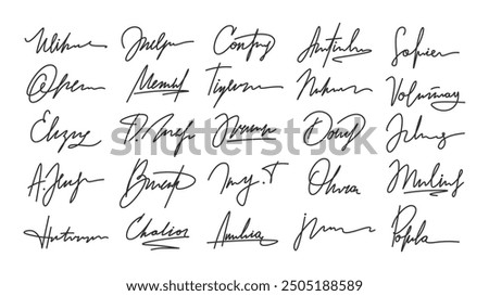 Signatures. Handwriting signature for e-documents and agreements. Calligraphy style autograph, imaginary personal hand written names, racy vector clipart