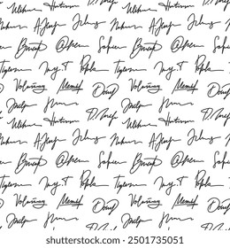 Signatures seamless pattern. Vintage paper with signatures, handwritten names background. Decorative paper, fabric racy vector print design