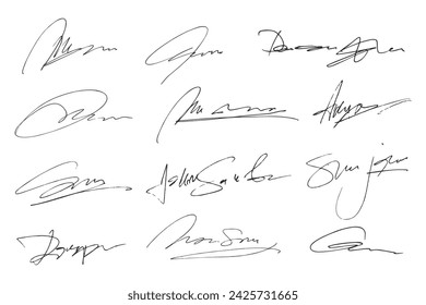 Signatures set. Fictitious handwritten signatures for signing documents on white background