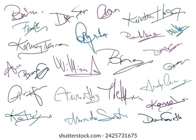 Signatures set. Fictitious handwritten signatures for signing documents on white background