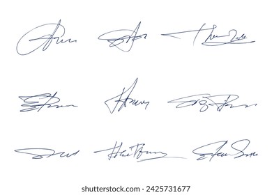 Signatures set. Fictitious handwritten signatures for signing documents on white background. 