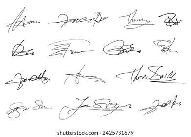 Signatures set. Fictitious handwritten signatures for signing documents on white background