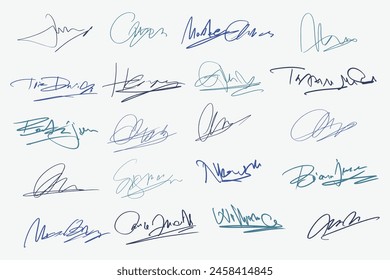 Signatures set. Fictitious handwritten signatures for signing documents on white background. 