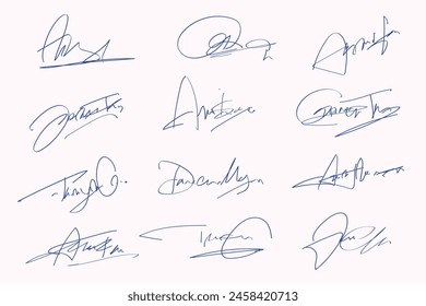 Signatures set. Fictitious handwritten signatures for signing documents on white background. 