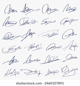 Signatures set. Fictitious handwritten signatures for signing documents on white background. 