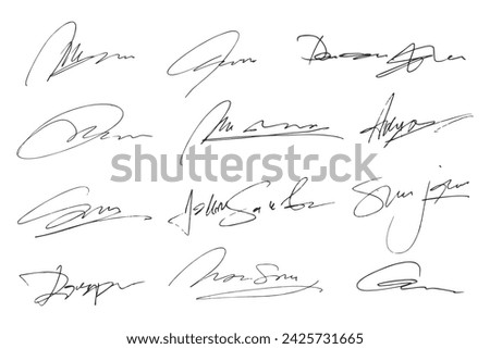 Signatures set. Fictitious handwritten signatures for signing documents on white background