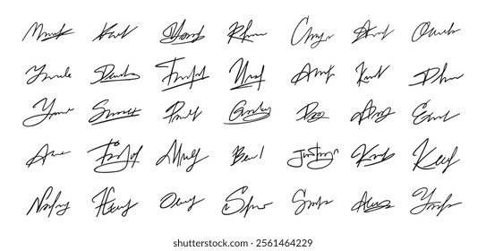 Signatures set. Fictitious handwritten signatures template for signing documents. Vector illustration