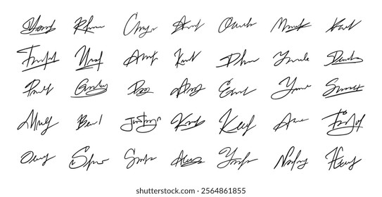 Signatures set. Fictitious handwritten signatures template for signing documents. Vector illustration