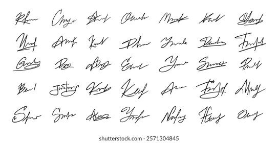 Signatures set. Fictitious handwritten signatures template for signing documents. Vector illustration