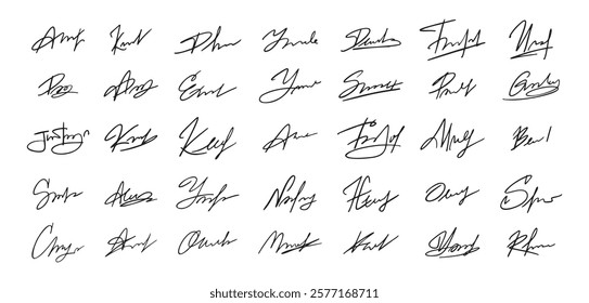 Signatures set. Fictitious handwritten signatures template for signing documents. Vector illustration