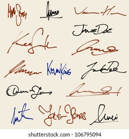 Signatures set - group of fictitious contract signatures. Business autograph illustration.