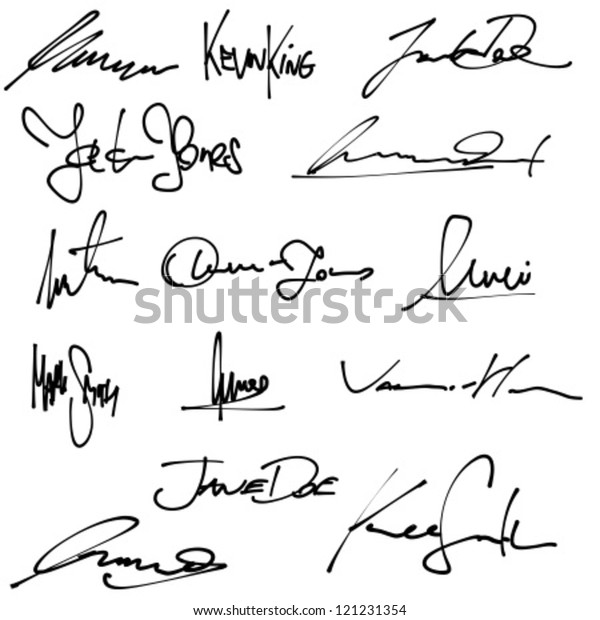 Signatures set - group of fictitious\
contract signatures. Business autograph\
illustration.