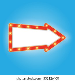 Signboard in arrow form, retro style with lamps. Vintage banner with light bulbs. Neon glow frame. Vector illustration