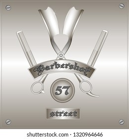 signboard for barbershop with the image of scissors combined with razors stylized axes and comb