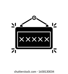 Signboard black glyph icon. Silhouette symbol on white space. Night club, commercial establishment door sign. Hanging board with informational message. Vector isolated illustration