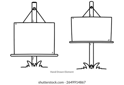 Signboard with black outline board. Black ink contour drawing. Front view. Vector flat graphic hand drawn illustration. Isolated object on white background. Isolated.