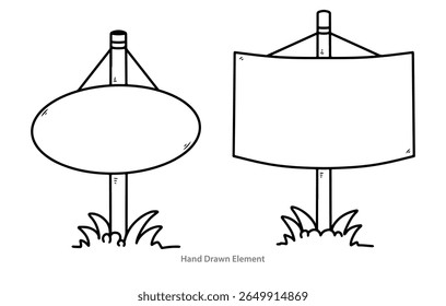 Signboard with black outline board. Black ink contour drawing. Front view. Vector flat graphic hand drawn illustration. Isolated object on white background. Isolated.