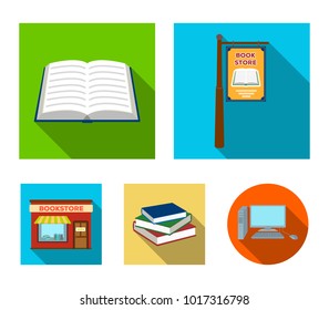 A signboard, a bookstore, a stack of books, an open book. A library and a bookstore set collection icons in flat style vector symbol stock illustration web.