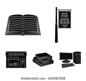 A signboard, a bookstore, a stack of books, an open book. A library and a bookstore set collection icons in black style vector symbol stock illustration web.