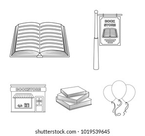 A signboard, a bookstore, a stack of books, an open book. A library and a bookstore set collection icons in outline style vector symbol stock illustration web.
