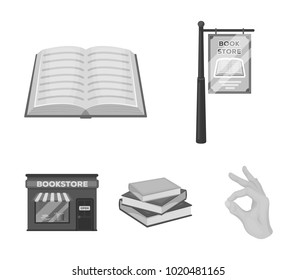 A signboard, a bookstore, a stack of books, an open book. A library and a bookstore set collection icons in monochrome style vector symbol stock illustration web.