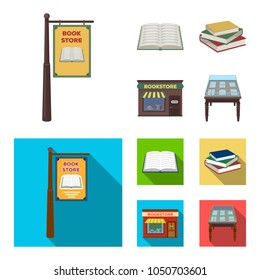 A signboard, a bookstore, a stack of books, an open book. A library and a bookstore set collection icons in cartoon,flat style vector symbol stock illustration web.