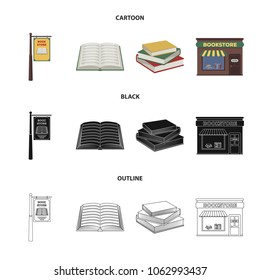 A signboard, a bookstore, a stack of books, an open book. A library and a bookstore set collection icons in cartoon,black,outline style vector symbol stock illustration web.