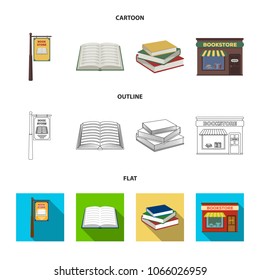 A signboard, a bookstore, a stack of books, an open book. A library and a bookstore set collection icons in cartoon,outline,flat style vector symbol stock illustration web.