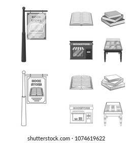 A signboard, a bookstore, a stack of books, an open book. A library and a bookstore set collection icons in outline,monochrome style vector symbol stock illustration web.