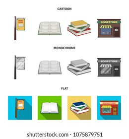 A signboard, a bookstore, a stack of books, an open book. A library and a bookstore set collection icons in cartoon,flat,monochrome style vector symbol stock illustration web.