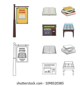 A signboard, a bookstore, a stack of books, an open book. A library and a bookstore set collection icons in cartoon,outline style vector symbol stock illustration web.