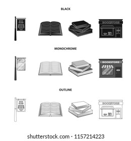 A signboard, a bookstore, a stack of books, an open book. A library and a bookstore set collection icons in black,monochrome,outline style vector symbol stock illustration web.