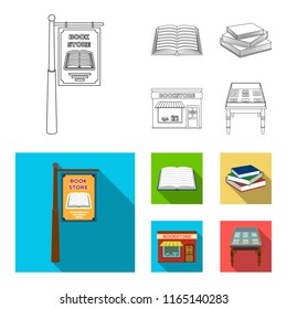 A signboard, a bookstore, a stack of books, an open book. A library and a bookstore set collection icons in outline,flat style vector symbol stock illustration web.