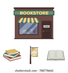 A signboard, a bookstore, a stack of books, an open book. A library and a bookstore set collection icons in cartoon style vector symbol stock illustration web.