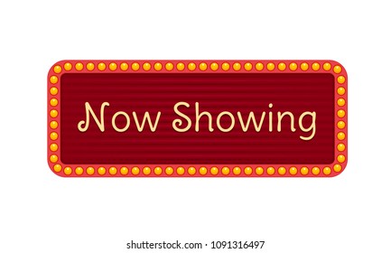 Signboard with bright lamps and inscriptions on board. Invitation to activity, an now showing event, loud show, a presentation and an opening. Circus performance, show time. Vector illustration.